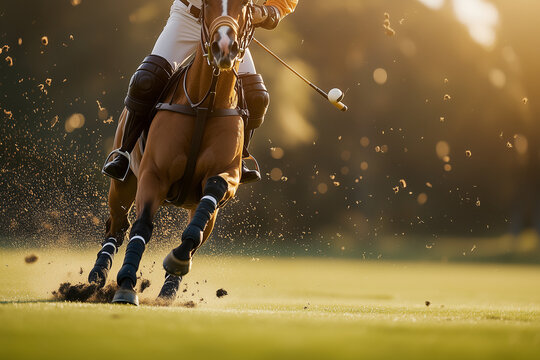 Close-up of a polo player striking the ball, horse galloping, with copy space. Soft light.