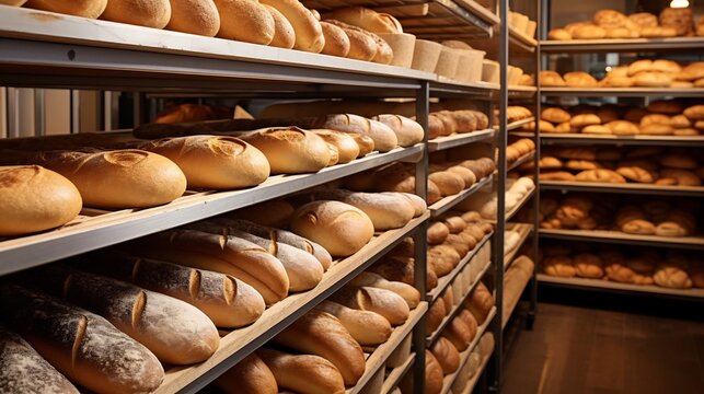 Efficient commercial bakery featuring a clean and organized workspace producing a variety of pre packaged breads pastries and other baked goods
