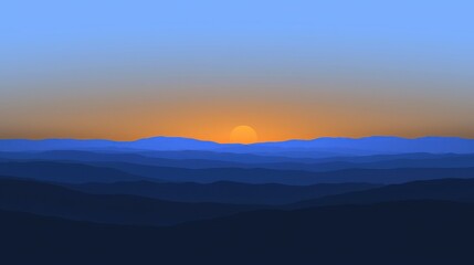 Serene sunset over layered blue mountains.