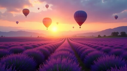 Fototapeta premium Lavender Fields at Sunset with Hot Air Balloons