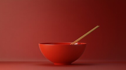 A red bowl with chopsticks in it