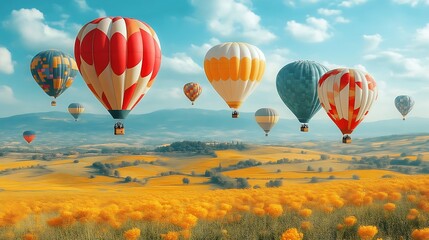 Obraz premium Colorful Hot Air Balloons Soaring Over Tuscan Fields