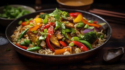 Delicious and Nutritious Vegetable Stir Fry Served Steaming Hot over Fluffy Brown Rice in a Traditional Wok