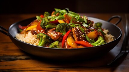 Vibrant and Flavorful Vegetable Stir Fry Dish Served Over Wholesome Brown Rice in a Traditional Wok Capturing the Essence of Healthy and Delicious Asian Cuisine