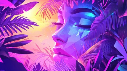 Fototapeta premium Serene woman's face merges with vibrant tropical foliage, sunset backdrop.