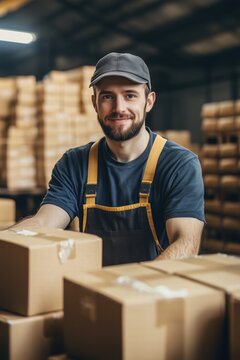 A smiling warehouse packer, picker worker in a cap and overalls, standing among stacked cardboard boxes. The setting is a busy warehouse with a warm, inviting atmosphere.