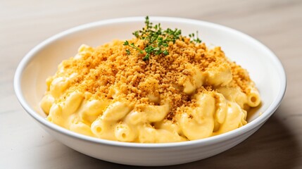 Delicious and creamy vegan mac and cheese served in a white bowl topped with crispy breadcrumbs for a comforting and satisfying plant based meal