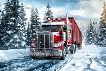 Big rig truck on the road in the winter forest