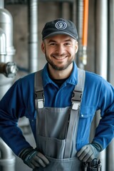 Obraz premium A smiling locksmith male worker in a blue uniform and cap, standing confidently in an industrial setting with pipes in the background. Mechanic, slusher, plumber.