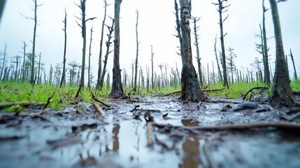 Obraz premium A desolate landscape with burnt trees and muddy ground.