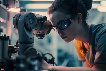 A man is working on a robot in a factory