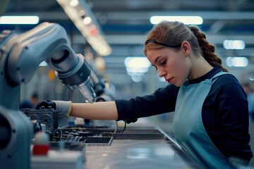 A man is working on a robot in a factory
