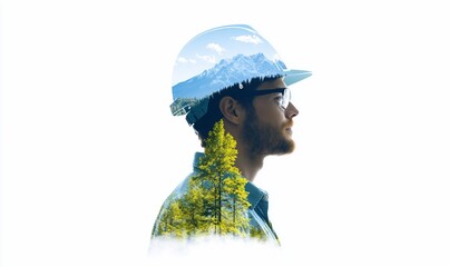 A double exposure of a man in a helmet with nature elements.