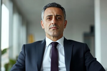 Fototapeta premium Powerful gaze of a confident lawyer, sharp suit, serious expression. Success embodied