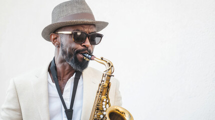 Fototapeta premium A man playing a saxophone in a performance with a jazz 