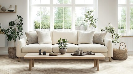 Fototapeta premium Bright living room with beige sofa, wooden coffee table, plants, and large windows. (2)