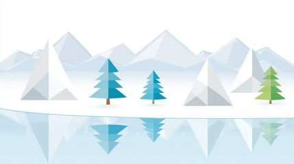 Obraz premium Stylized winter landscape with mountains, evergreen trees, and a calm lake reflecting the scene.