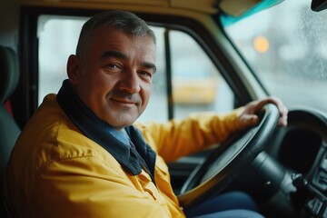 Obraz premium A middle-aged taxi man with gray hair, wearing a bright yellow jacket, smiles while sitting in the driver's seat of a vehicle. The background shows a rainy street scene.