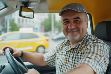 A cheerful middle-aged man taxi driving a vehicle, wearing a checkered shirt and a cap. He smiles...