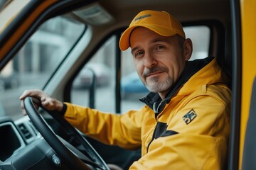 A smiling delivery taxi driver in a bright yellow jacket and cap, sitting in a van. The background...