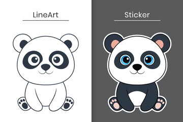 Cute cartoon baby panda vector outline and sticker flat illustration