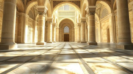 Fototapeta premium Sunlit grand hall with arched ceilings, columns, and tiled floor.