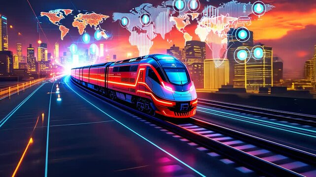 A futuristic high-speed train on a digital track with global connectivity visuals