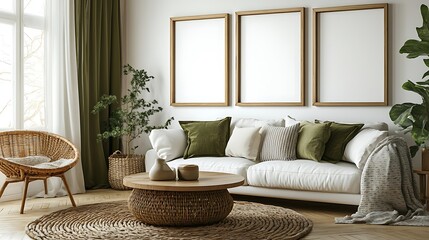 Fototapeta premium Modern living room interior design with white sofa, wicker chair, wooden coffee table, and three empty frames on the wall.