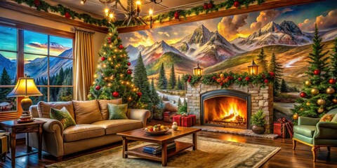 Fototapeta premium A vintage winter holiday photo reveals a cozy mountain living room, festively decorated.