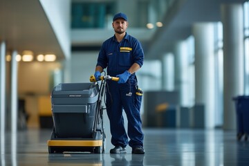 A cleaner male janitor in a blue uniform stands confidently with a floor cleaning machine in a modern, spacious building. The environment is bright and clean, showcasing large windows.