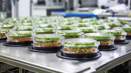 Highly efficient and automated production line rapidly assembling and packaging microwaveable pre cooked meals for mass commercial distribution and sales