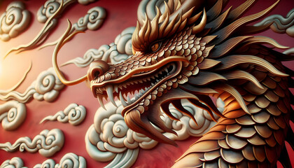 Fototapeta premium Chinese new year A close-up view of the dragon’s body, showcasing the flowing lines of its scales in gold and brown18
