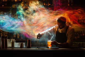 A bartender skillfully prepares a colorful cocktail, with vibrant smoke swirling around him, creating a magical atmosphere in a dimly lit bar filled with bottles.