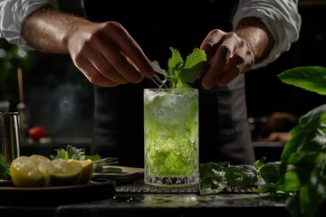 A bartender preparing a refreshing mint cocktail, garnishing it with fresh mint leaves. The drink is served in a tall glass filled with ice and mint, with a dark background featuring kitchen elements.