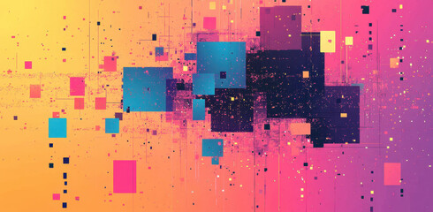 vibrant abstract background featuring colorful geometric shapes and squares, blending shades of orange, pink, and blue. dynamic composition creates sense of movement and energy