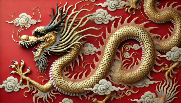 Chinese new year A high-angle view of the dragon, showing its long form with flowing lines and intricate gold and bro3