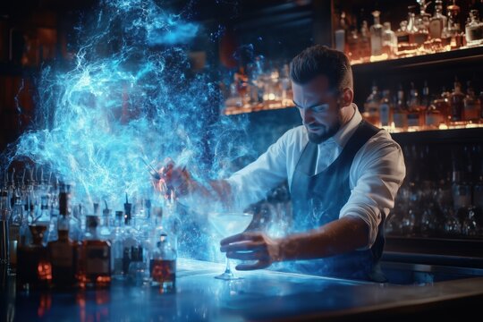 A bartender skillfully prepares a cocktail at a stylish bar, with a magical blue mist swirling around him, creating an enchanting atmosphere.
