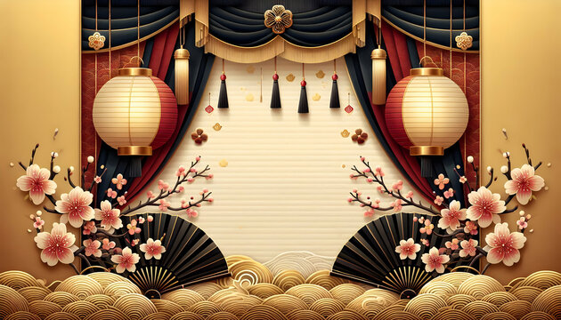 Chinese new year A centered view of the festive scene with lanterns, fabric drapes, and a bottom section featuring ch3