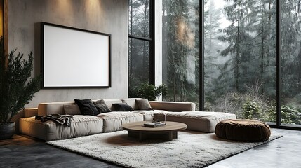 Modern living room with large windows overlooking a winter forest, featuring a beige sectional sofa, coffee table, and blank canvas.