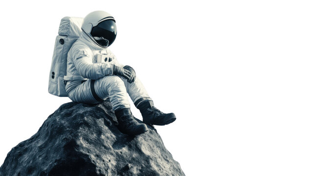 astronaut sitting on a rock on the moon transparent background