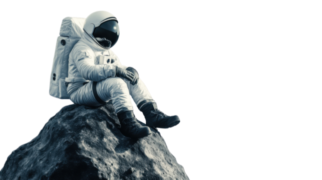 astronaut sitting on a rock on the moon transparent background