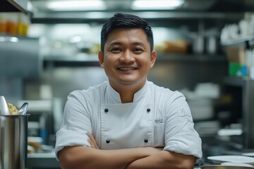 A smiling chef in a professional kitchen, wearing a white chef's coat with arms crossed. The background shows kitchen equipment and plates, creating a warm and inviting atmosphere.
