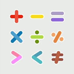 Colorful math symbol sign sticker set. Education, school learning, mathematic concept. Flat vector design illustration isolated on background.
