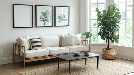 Modern living room interior with sofa, coffee table, and fiddle leaf fig plant.