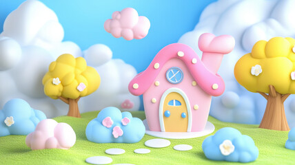 Cute pink house with clay like appearance surrounded by fluffy clouds and colorful trees in whimsical landscape. scene evokes playful and dreamy atmosphere