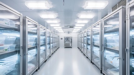 Organized rows of industrial sized freezers filled with pre packaged frozen meals in a bright modern commercial kitchen setting