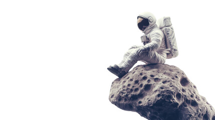 astronaut sitting on a rock on the moon transparent background