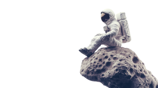 astronaut sitting on a rock on the moon transparent background