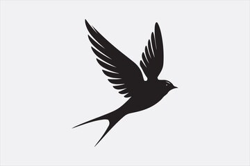 A black silhouette of a flying swallow.