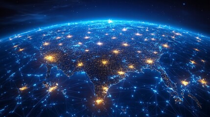 Obraz premium A blue and yellow globe with the United States of America lit up